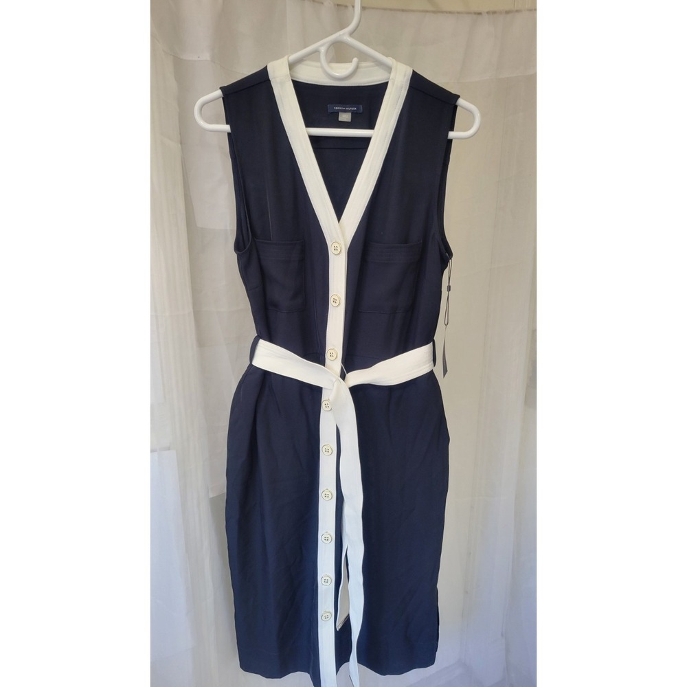 NWT Tommy Hilfiger Navy/White Sheath Dress V-Neck Belted Pockets Sz 12